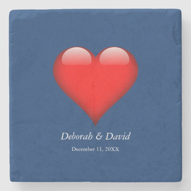 Red Heart Blue Modern Minimalist Wedding Stone Coaster (Front)