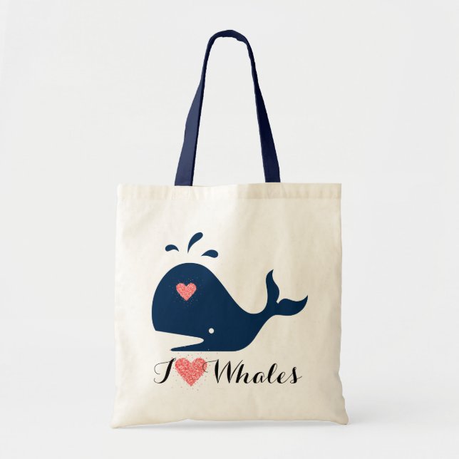 Red Heart & Blue Text I Love Whales Tote Bag (Front)