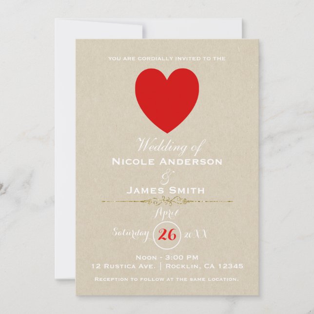 Red Heart Brown Kraft Valentine Modern Wedding Invitation (Front)