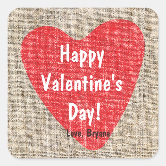 Red Heart Burlap Love Valentines Wedding Sticker (Front)