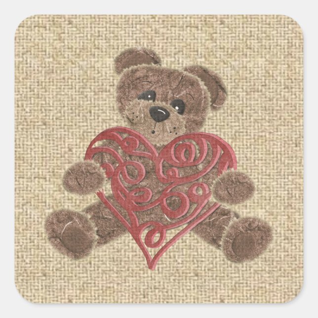 Red heart burlap teddy bear stickers (Front)