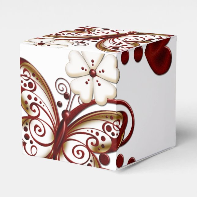 Red Heart Butterflies Cube Favor Box (Front Side)