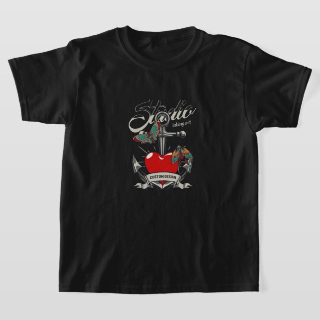Red Heart & Butterflies Studio Inking Art  T-Shirt (Laydown)