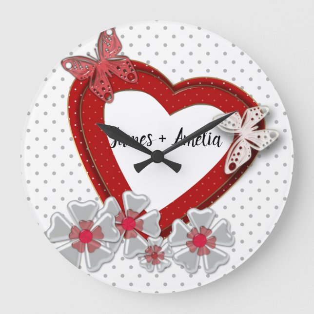 Red heart butterfly flowers Valentines Day love we Large Clock (Front)