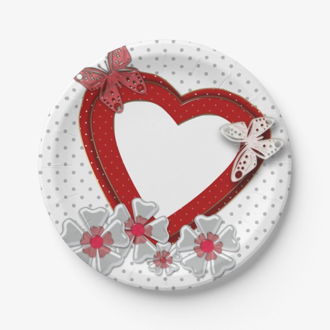 Red heart butterfly flowers Valentines Day love we Paper Plates (Front)