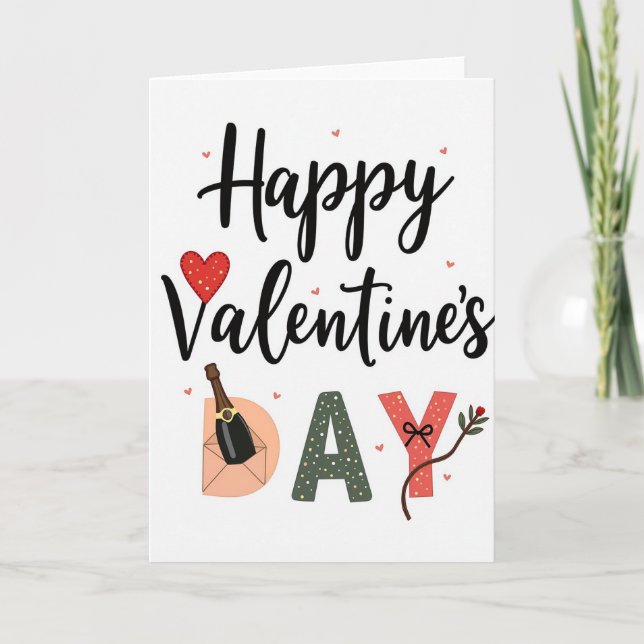 Red Heart Champagne Valentines Card (Front)