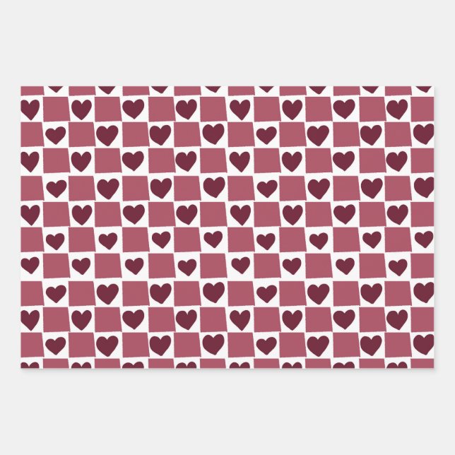 Red Heart Checkerboard Pattern Wrapping Paper Sheets (Front)