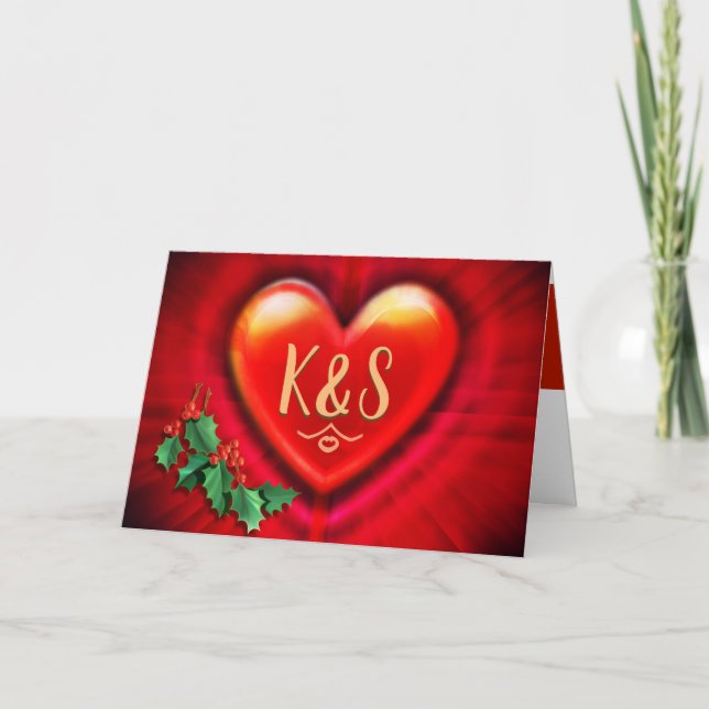 Red heart Christmas card custom monogram initials (Front)