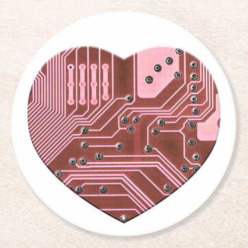 Red Heart Circuit Board Valentines Round Paper Coaster