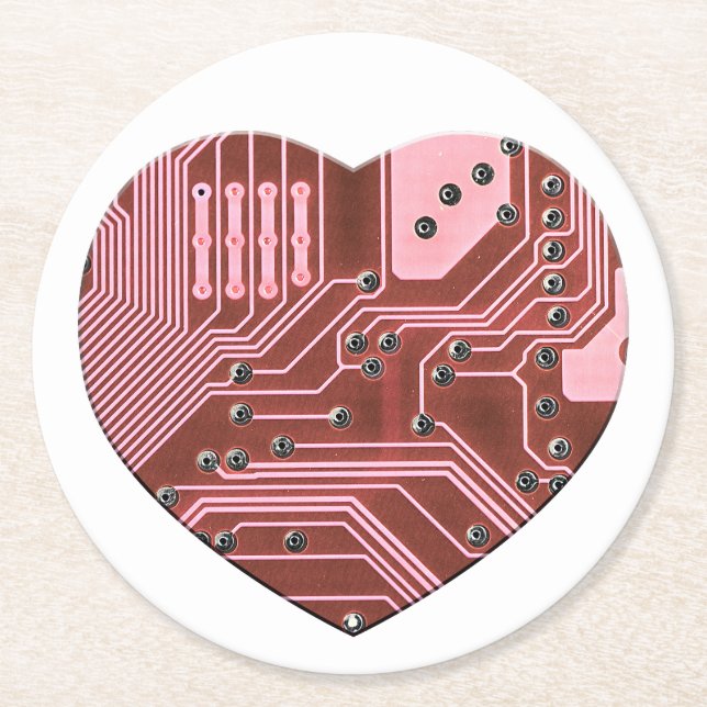 Red Heart Circuit Board Valentines Round Paper Coaster (Front)