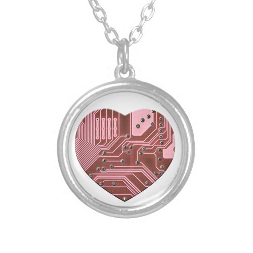 Red Heart Circuit Board Valentines Silver Plated Necklace