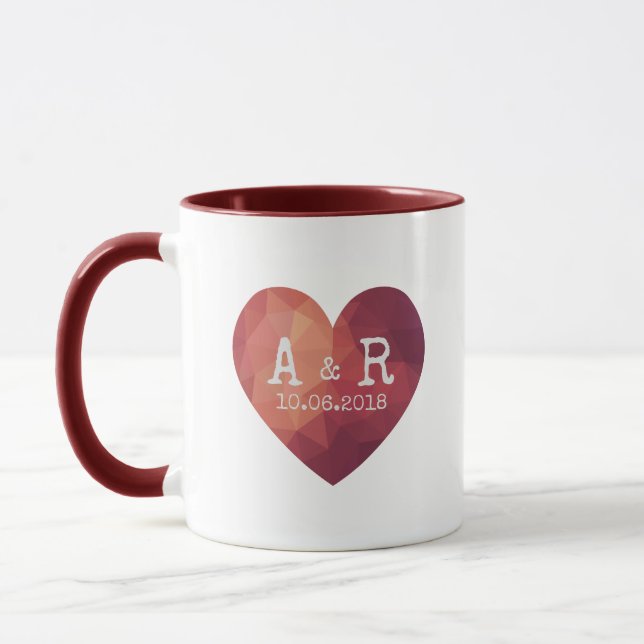 Red heart couple monogram wedding date  mug (Left)