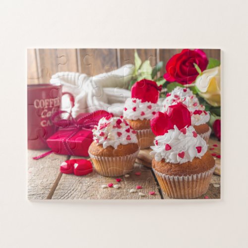 Red Heart Cupcakes Roses Coffee Valentines Day Jigsaw Puzzle