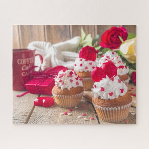 Red Heart Cupcakes Roses Coffee Valentines Day Jigsaw Puzzle