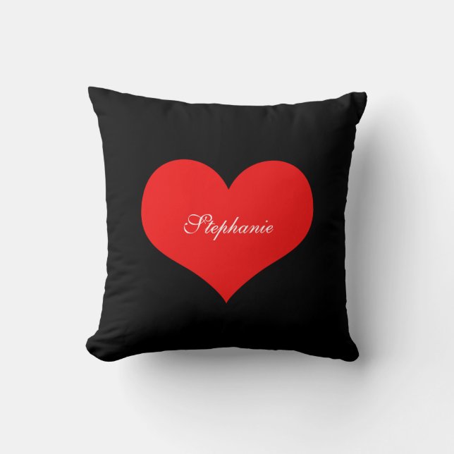 Red Heart Custom Name Monograms Gift Favor Black Throw Pillow (Front)
