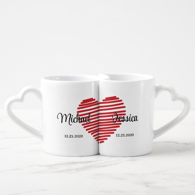 Red Heart Cute Couple Personalized Valentine's Day Coffee Mug Set (Front Nesting)