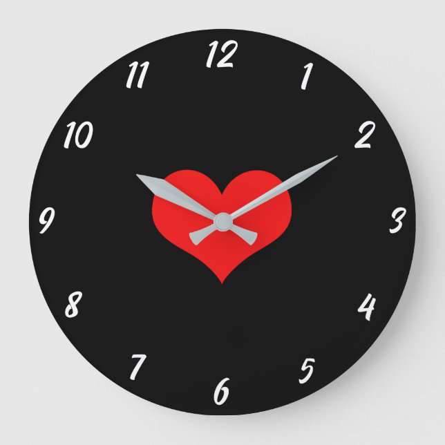 Red Heart Cute Custom Black Valentine's Day Large Clock (Front)