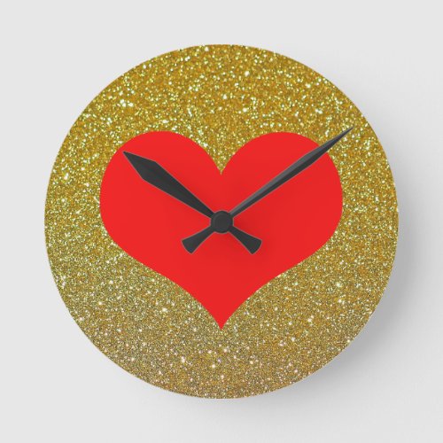 Red Heart Cute Valentines Day Gold Glitter Round Clock