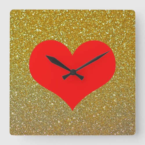 Red Heart Cute Valentines Day Gold Glitter Square Wall Clock