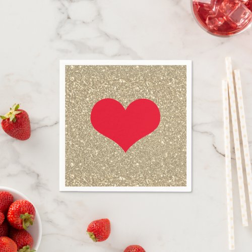 Red Heart Cute Valentines Day Rustic Gold Glitter Napkins