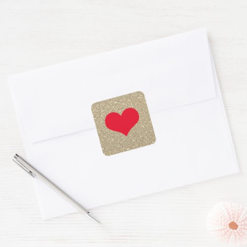 Red Heart Cute Valentines Day Rustic Gold Glitter Square Sticker