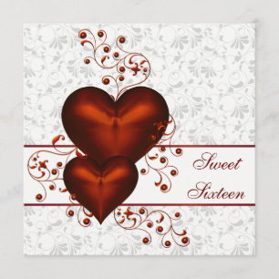 Red Heart Damask White Sweet Sixteen Invitation