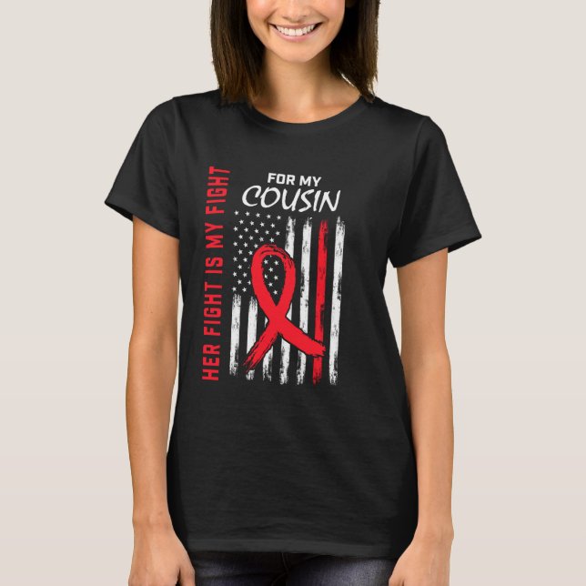 Red Heart Disease Awareness Flag Cousin Supporter  T-Shirt (Front)