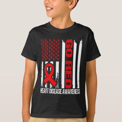 Red Heart Disease Awareness Red Ribbon Flag  T_Shirt