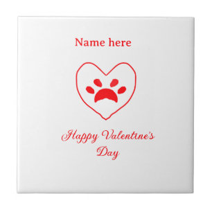 Red heart dog cat paw happy Valentine's day name Ceramic Tile