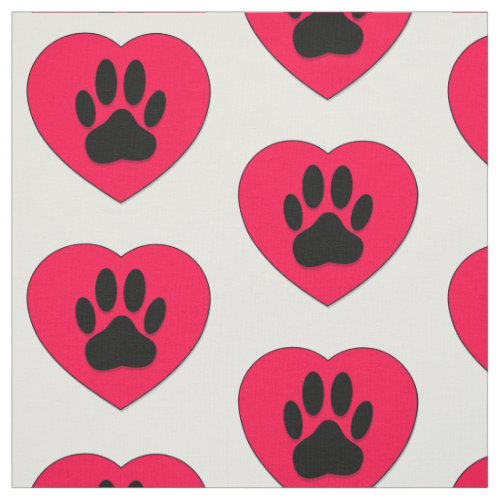 Red Heart Dog Paw Print Repeat Pattern  Fabric