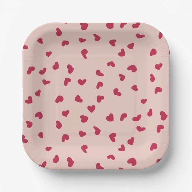 Red Heart Doodles Scattered on Peach Paper Plates (Front)