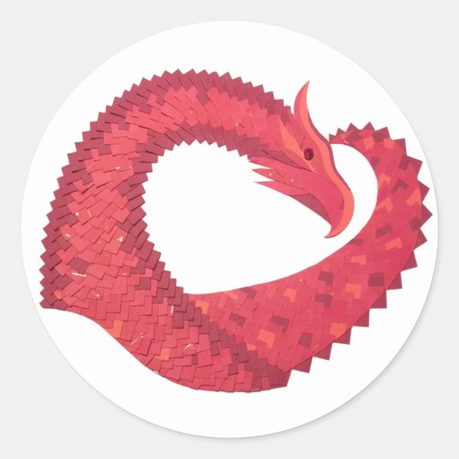 Red heart dragon on white classic round sticker (Front)