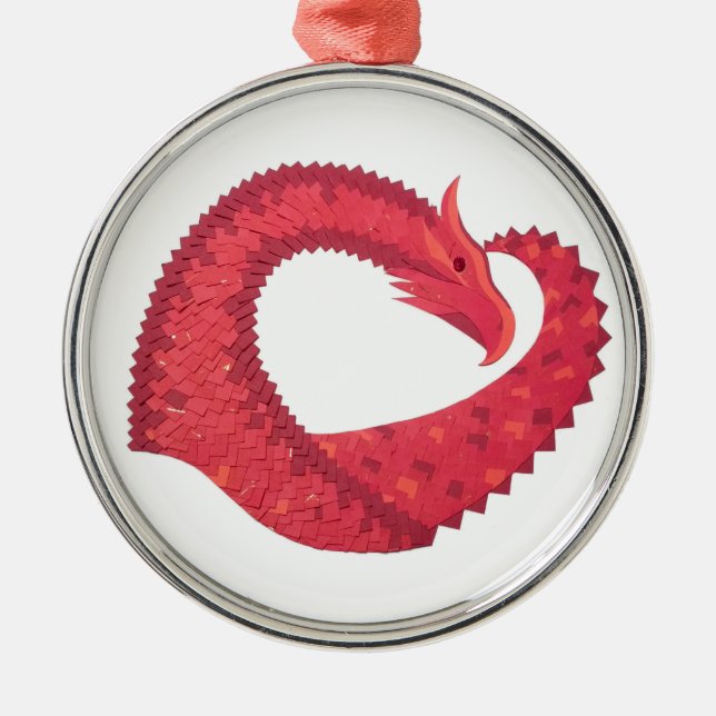 Red heart dragon on white metal ornament (Front)