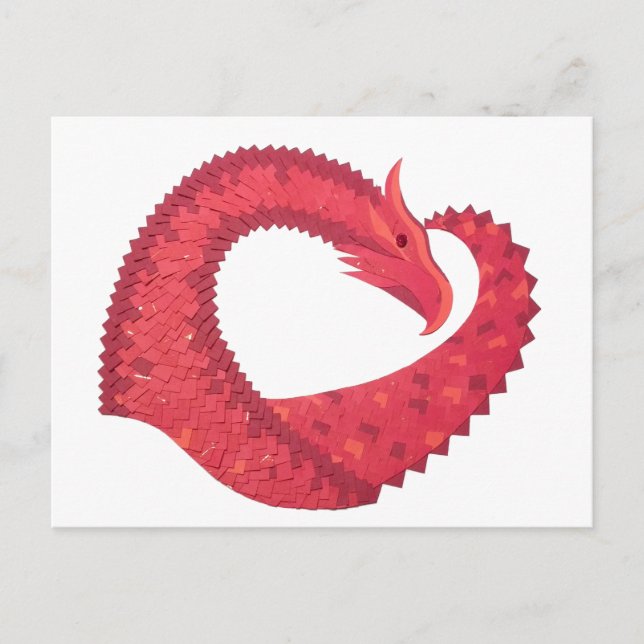 Red heart dragon on white postcard (Front)