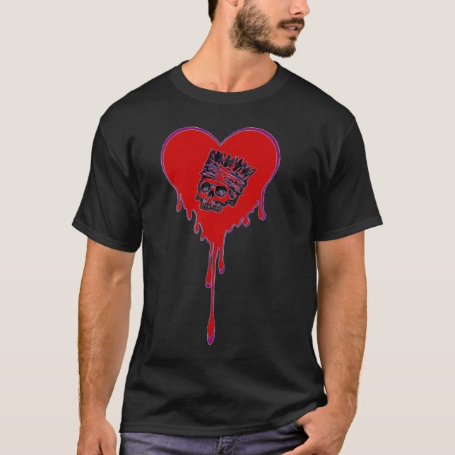 Red Heart Dripping Skull Bleeding Halloween  T-Shirt (Front)