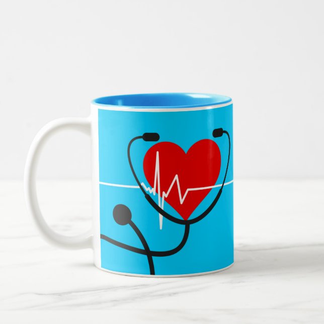 Red Heart EKG and Stethoscope Medical Blue   Two-Tone Coffee Mug (Left)