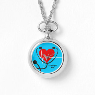 Red Heart EKG and Stethoscope Medical Blue    Watch