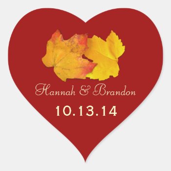 Red Heart Fall Leaves Personalized Wedding Sticker by fallcolors at Zazzle