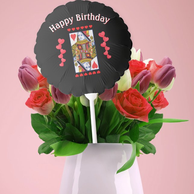 Red Heart Fancy Queen From Deck of Cards Black Balloon (Heart Queen from playing card red hearts on black Happy Birthday mylar balloon.)