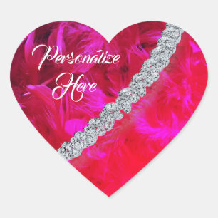 Red heart feather boa draped diamond sticker