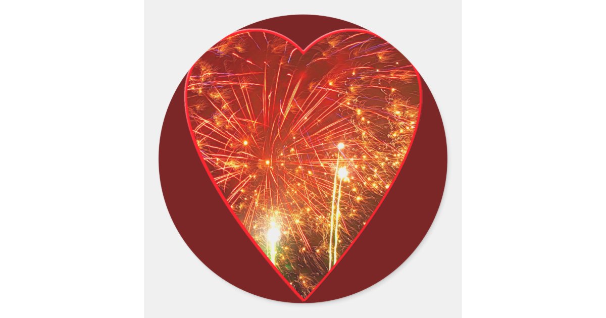 Red Heart Firework Classic Round Sticker | Zazzle