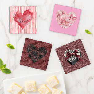 Red Heart Flame Love Floral Glitter Coaster Set