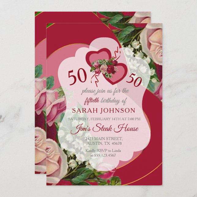 Red Heart Floral 00th Birthday Invitation (Front/Back)