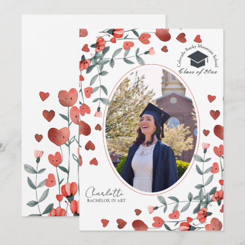 Red Heart Floral Photo Graduation Announcements