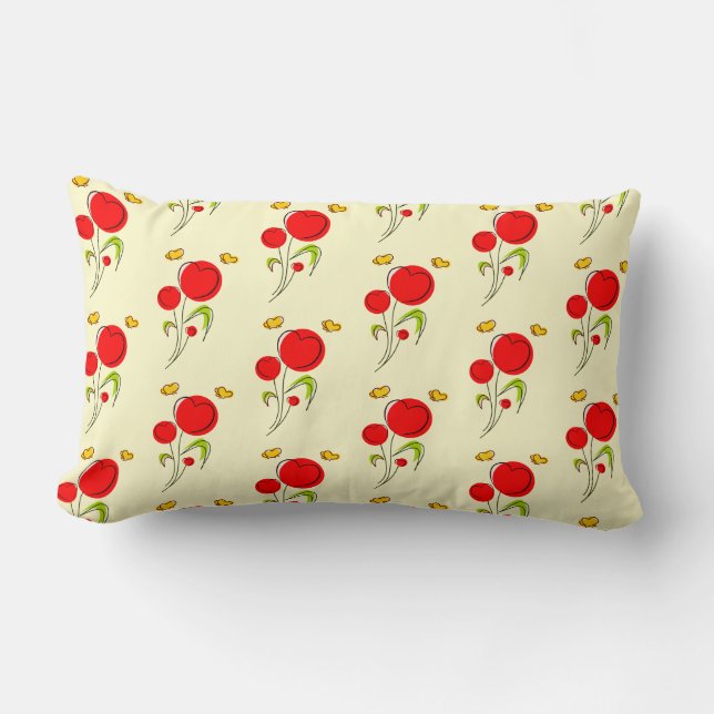 Red Heart Flowers and Yellow Butterflies Pattern Lumbar Pillow (Front)