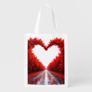 Red Heart Forest Path – Autumn Love Nature Design Grocery Bag
