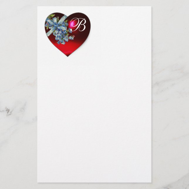RED HEART,FORGET ME NOTS  FLOWERS WEDDING MONOGRAM STATIONERY (Front)