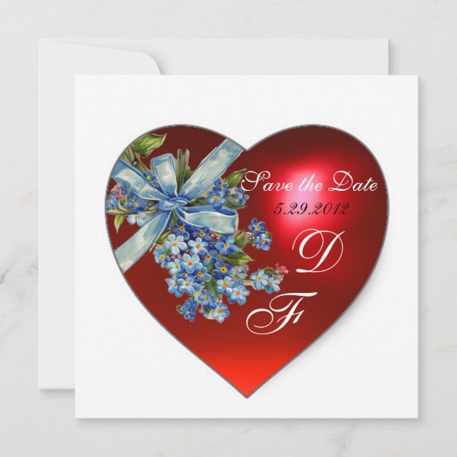 RED HEART & FORGET ME NOTS MONOGRAM blue white Invitation (Front)