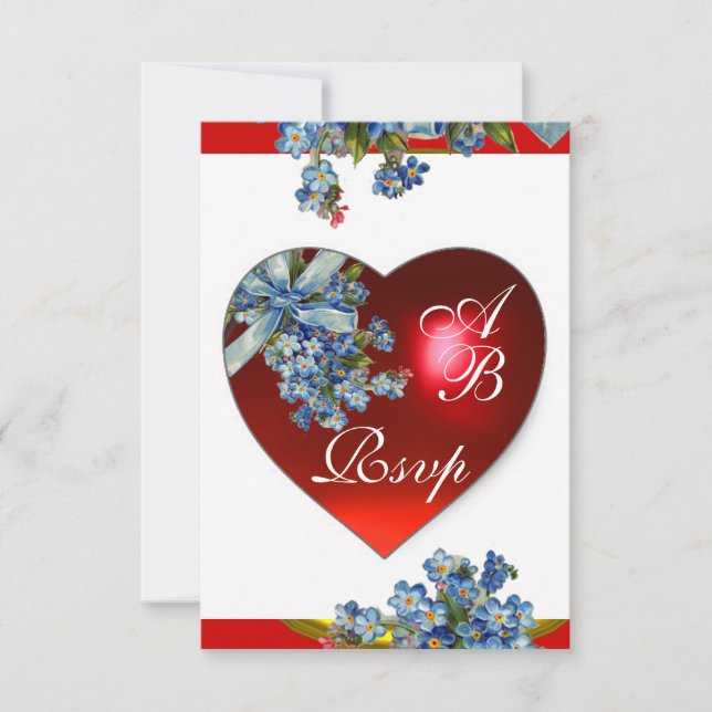 RED HEART & FORGET ME NOTS MONOGRAM blue white Invitation (Front)