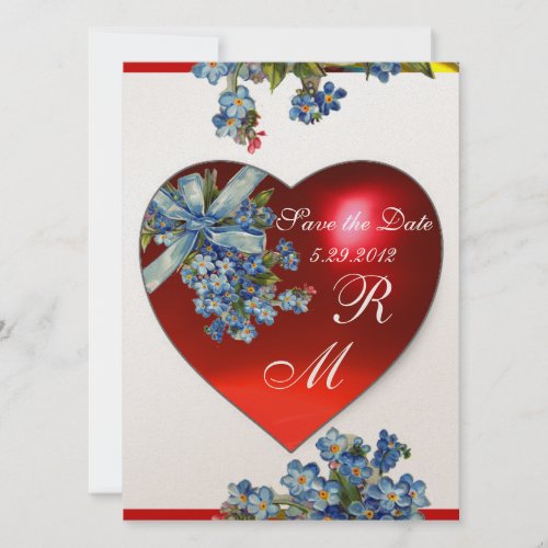 RED HEART  FORGET ME NOTS MONOGRAM Blue White Invitation